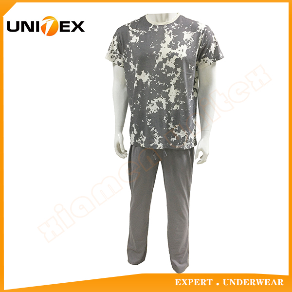 Summer Cotton Fabric Men's Short Sleeve and Long Pant Pajama Set